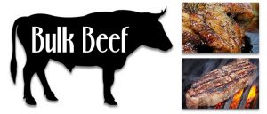 Bulk Beef with photos of beef roast and steak on a flaming grill