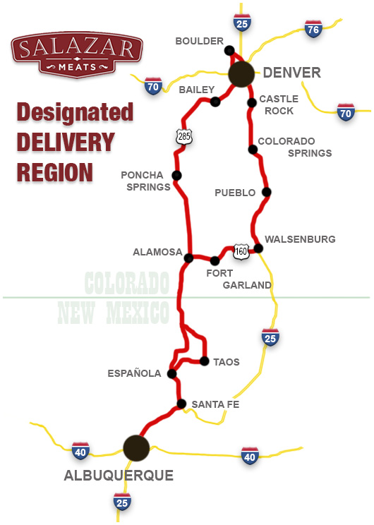Map showing regional delivery area for Salazar Meats
